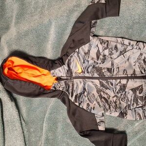 Nike Kids' Black and Gray Hoodie with Orange Accents.
